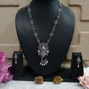 Necklace - German Silver Oxidized AD Stone Ganpati Bappa Necklace SCAON73