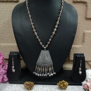 Necklace - Brass Silver Oxidized Matt finish Afghani long Necklace SCAON81