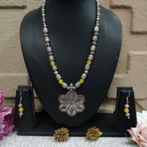 Necklace - Brass Silver Oxidized Crystal Brass Beads Buddha Necklace SCAON79-Yellow