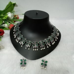Necklace - German Silver-Plated Oxidized AD Stone Necklace SCAON39-Green