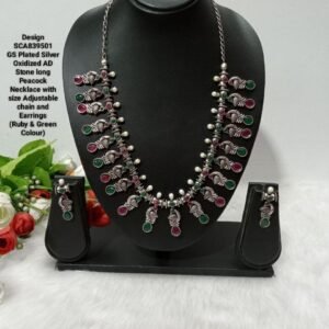 Necklace - GS Plated Silver Oxidized AD Stone long Peacock Necklace SCA839501