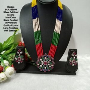 Necklace - Silver Oxidized Kundan Pendent Crystal Necklace SCA354550Multi