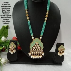 Necklace- Gold Plated Mint Meena Brass Kundan Crystal Necklace SCA367599