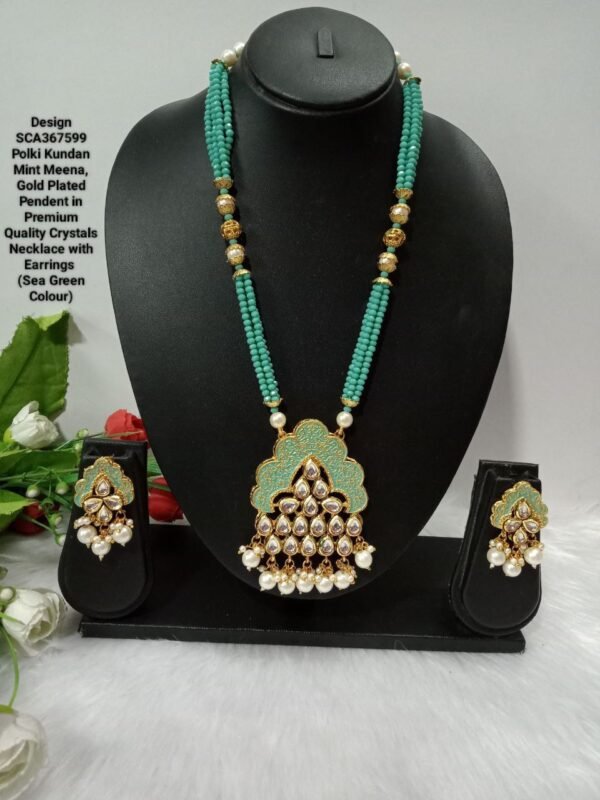 Necklace- Gold Plated Mint Meena Brass Kundan Crystal Necklace SCA367599