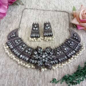 Necklace - GS Plated Brass Silver Oxidized Broad Stone Necklace SCAON26