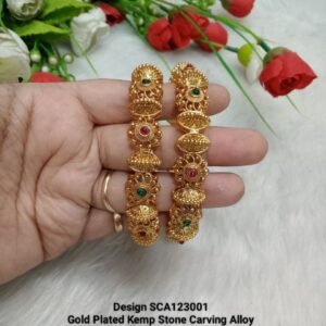 Kada- Gold-Plated Carving Kemp Stone Kada Pair SCA123001