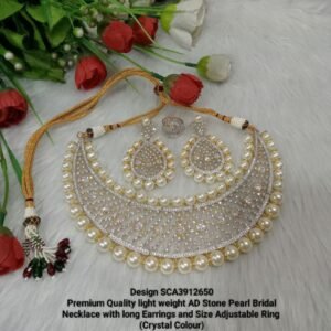 Necklace - Gold Plated AD & Pearl Necklace with Long Earrings SCA3912650