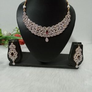 Necklace - Gold Plated Wine &  Crystal Color AD Necklace SCA265032