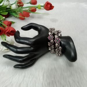 Kada- Silver Oxidized Stone Leaf & Flower Design Kada Pair SCA6952501