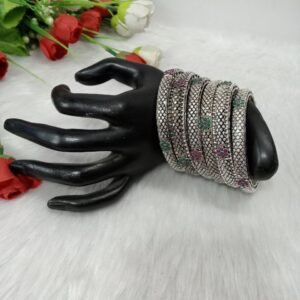 Bangles - Silver Oxidized Stone Kada & Bangle set of 6 PC (SCA7014502)