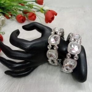 Silver Kada - Silver-Plated Big Stone Broad Alloy Metal Kada
