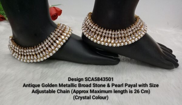 Shivay Creative Arts Antique Golden Metallic Broad Stone & Pearl Payal (SCA5843501B) - Image 2