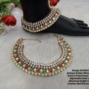 Shivay Creative Arts Antique Golden Metallic Broad Stone & Pearl Payal (SCA5843501A)