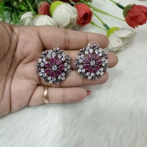 Studs - German Silver Plated Oxidized AD Stone Flower Studs Earrings SCA3258