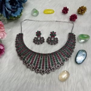 Necklace - German Silver Plated Brass Oxidized Stone Necklace SCAON53