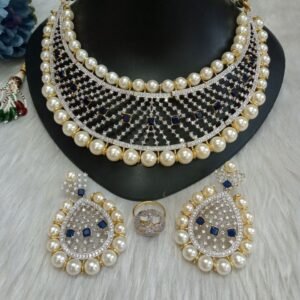 Necklace - Gold Plated AD & Pearl Necklace with Long Earrings SCA265057