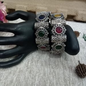 Oxidized Kada - German Silver-Plated Oxidized Multicolor Monaliza Stone Broad Openable Kada