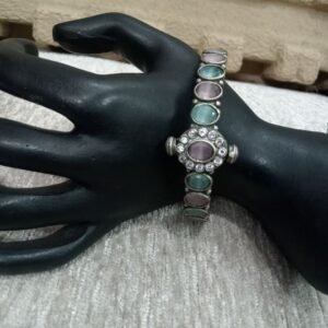 Oxidized Kada - German Silver AD, Pink & Mint Monalisa Stone Openable Kada