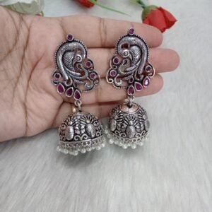 Jhumka - German Silver-Plated Oxidized AD Stone Peacock Jhumka SCA35022