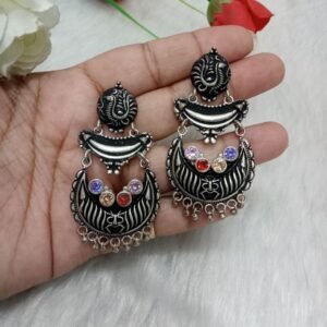 Earrings - Silver Plated Oxidized AD Stone Indo-Western Earrings SCA32516