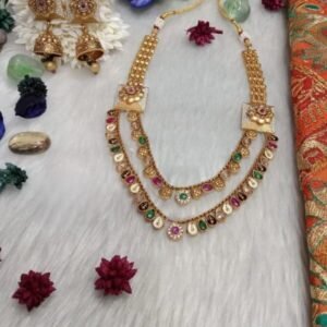 Rajwadi Necklace - Gold Plated Rajwadi AD & Meena 2 Layer Necklace SCARN79
