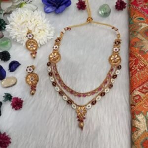 Rajwadi Necklace - Gold Plated Rajwadi AD & Meena 2 Layer Necklace SCARN82