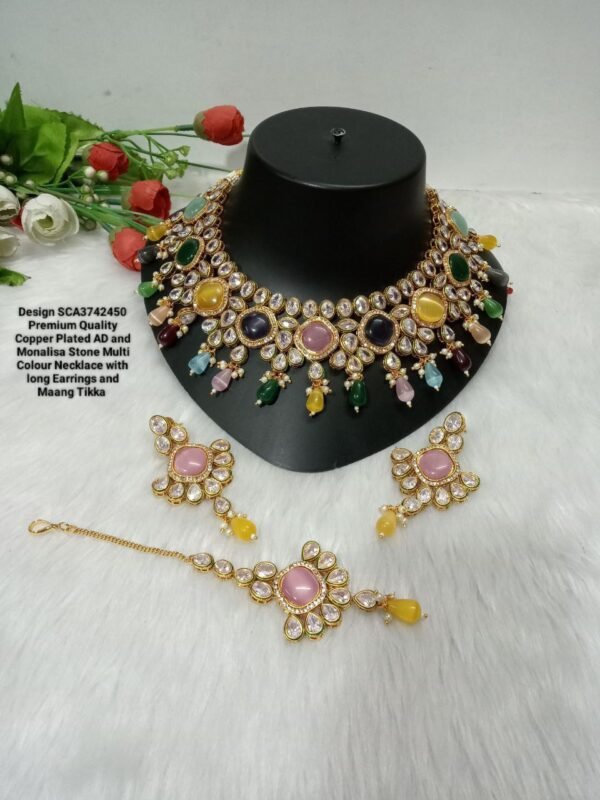 Monalisa AD Stone Semi Bridal Necklace with long Earrings and Maang Tikka SCA3742450-Multicolor - Image 4