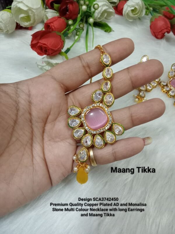 Monalisa AD Stone Semi Bridal Necklace with long Earrings and Maang Tikka SCA3742450-Multicolor - Image 3