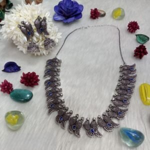 Necklace - Silver Oxidized Brass Bird Design AD Stone Necklace SCAON24