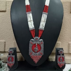 Long Necklace - German Silver Oxidized Copper Hydro Beads krishna Necklace SCAOLN30-Red