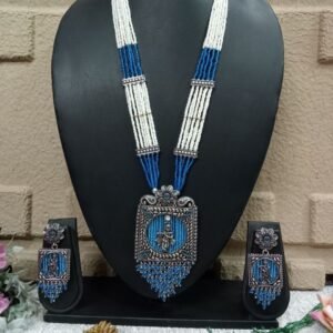 Long Necklace - German Silver Oxidized Copper Hydro Beads krishna Necklace SCAOLN30-Blue