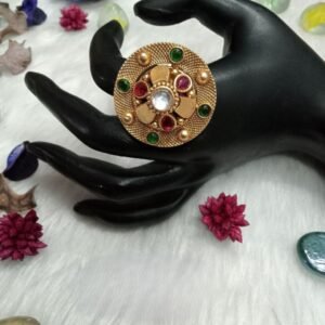 Rajwadi Rings - Gold Plated Rajwadi Kemp Stone Designer Ring SCARR7- Ruby Green