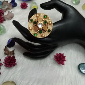 Rajwadi Rings - Gold Plated Rajwadi Kemp Stone Designer Ring SCARR7-Green