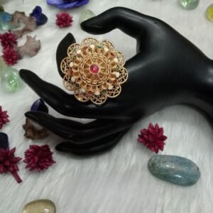 Rajwadi Ring - Gold Plated Rajwadi Polish Flower Design Meena Big Ring SCARR9