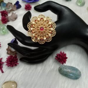 Rajwadi Ring - Gold Plated Rajwadi Polish Flower Design Meena Big Ring SCARR9