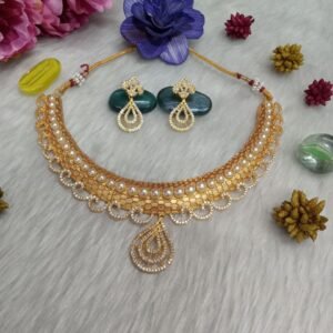 Necklace - Gold Plated AD Necklace with Earrings SCA205044