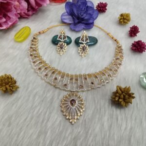 Necklace - Gold Plated Wine & Crystal AD Stone Necklace with Earrings 205035