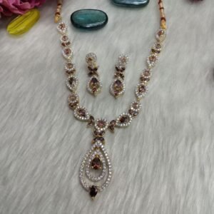 Necklace - Gold Plated Wine & Crystal AD Stone Necklace with Earrings SCA185071