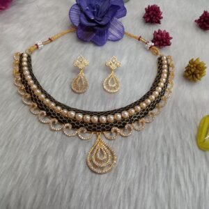 Necklace - Gold Plated Black Meena AD Necklace with Pearl SCA185072