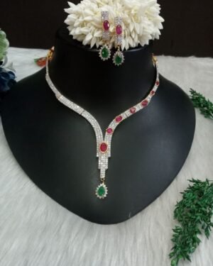 Necklace - Gold Plated Ruby Green AD Necklace with Earrings SCA155045