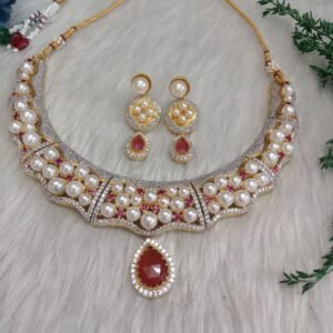 Necklace - Gold Plated AD & Pearl Necklace with Earrings SCA225019