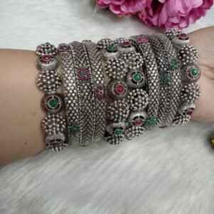 Oxidized Bangles - Silver Oxidized Stone Kada & Bangle Set Combo