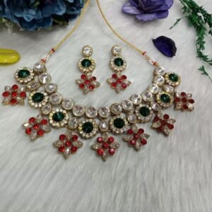 Necklace - Antique Golden Metallic Glass Kundan Necklace with Earrings