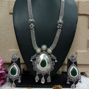 long Necklace - German Silver Oxidized Long Big Monalisa Kundan Necklace SCAOLN15-Green