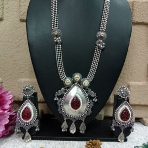 long Necklace - German Silver Oxidized Long Big Monalisa Kundan Necklace SCAOLN15-Mahroon