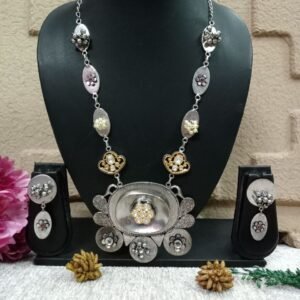 Necklace - German Silver Oxidized Brass Gold Kundan Long Necklace SCAOLN2