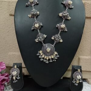 Necklace - German Silver Brass Kundan Studded Long Necklace SCAOLN27