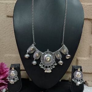 Necklace - German Silver Oxidized long Chain Big Kundan Pendent Necklace SCAOLN24