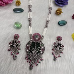 Necklace - German Silver Oxidized long Jaco Beads Necklace SCAOLN55