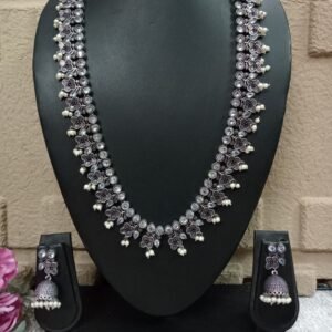 Necklace - German Silver Oxidized Flower Design Long Necklace SCAOLN59-Crystal